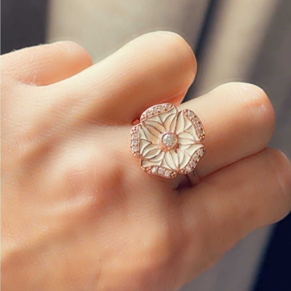 Rose Gold Art Deco Enamel Flower Statement Ring - Size 9.5